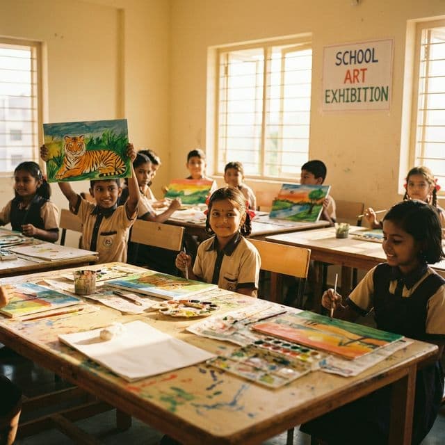 Children painting in art class